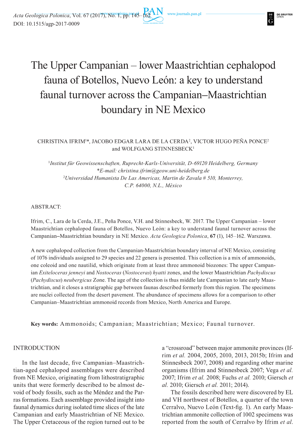 The Upper Campanian – Lower Maastrichtian Cephalopod Fauna of Botellos, Nuevo León: a Key to Understand Faunal Turnover Acros