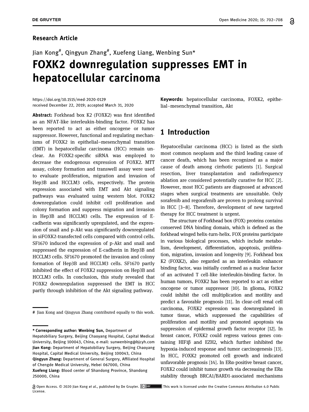 FOXK2 Downregulation Suppresses EMT in Hepatocellular Carcinoma