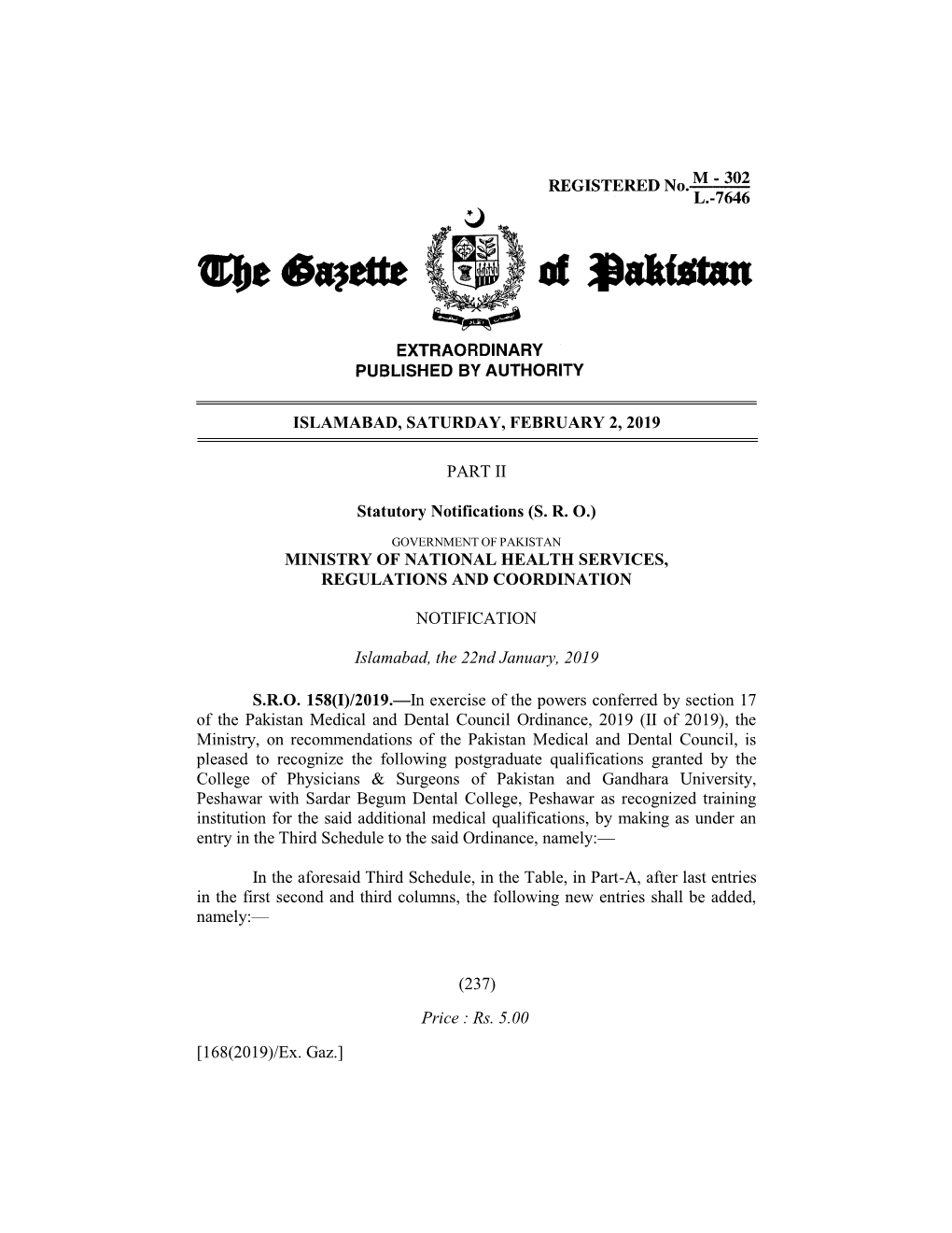 ISLAMABAD, SATURDAY, FEBRUARY 2, 2019 PART II Statutory Notifications