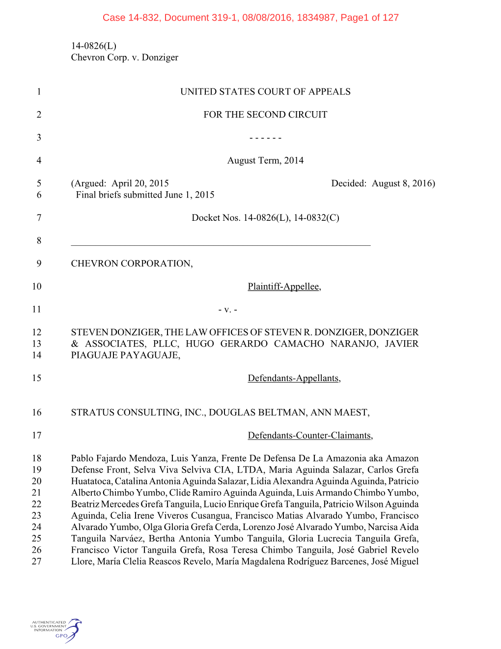 14-0826(L) Chevron Corp. V. Donziger UNITED STATES COURT OF