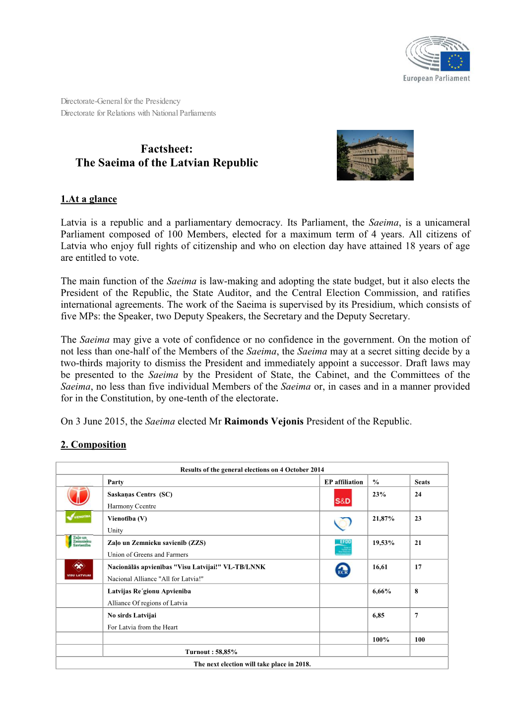 Factsheet: the Saeima of the Latvian Republic