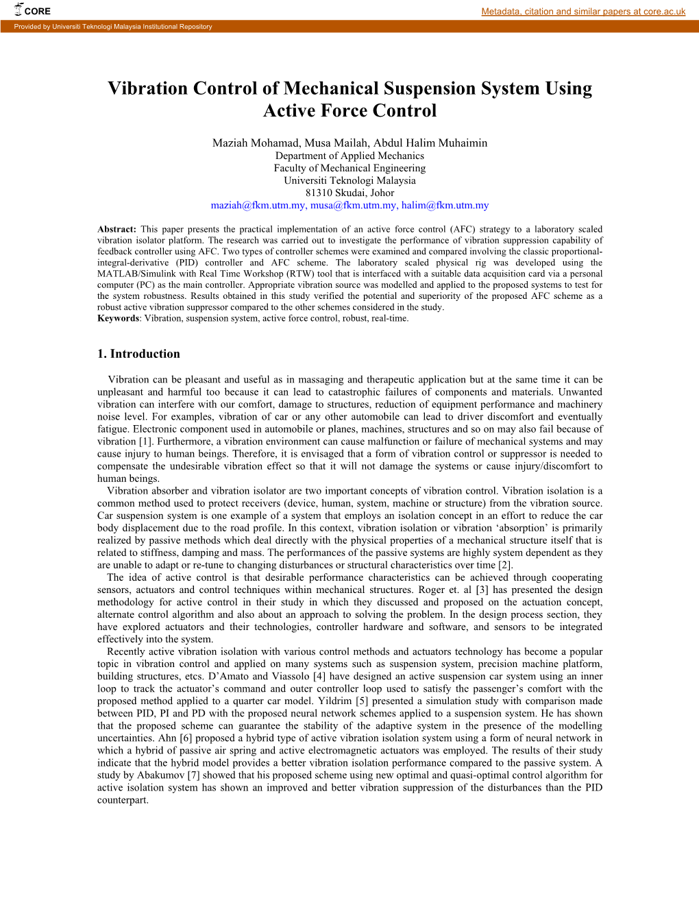 Vibration Control of Mechanical Suspension System Using Active Force Control