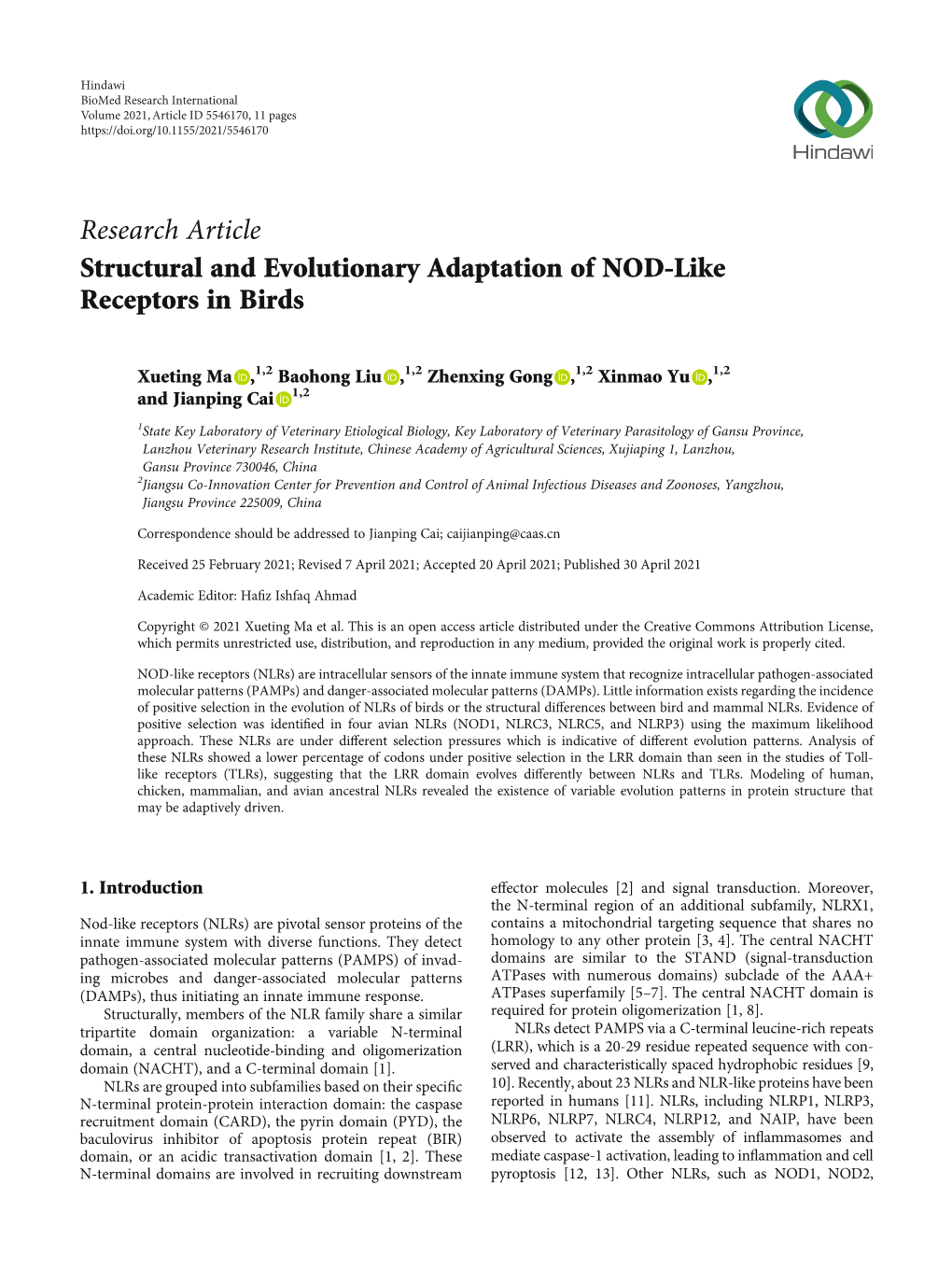 Structural and Evolutionary Adaptation of NOD-Like Receptors in Birds