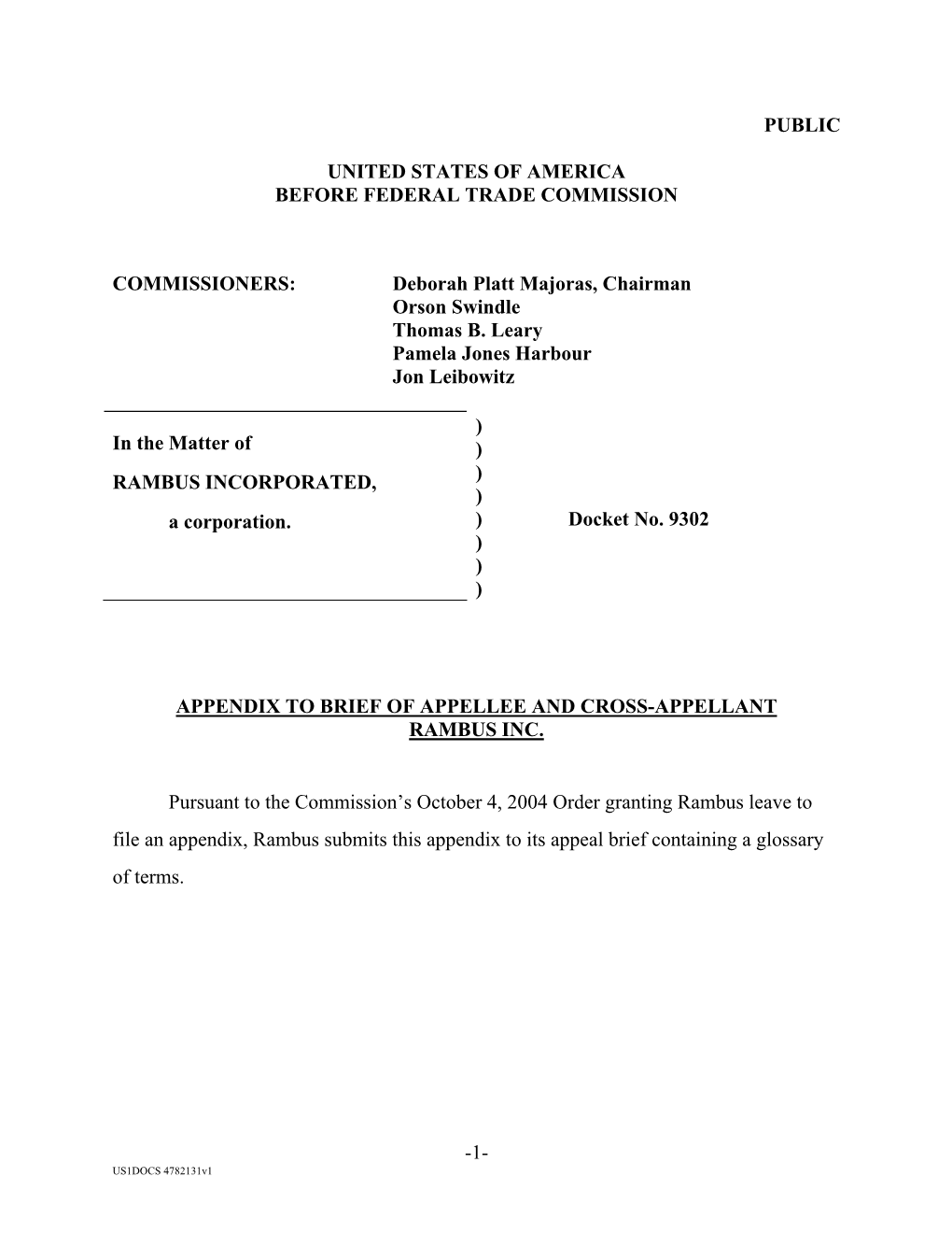 Appendix to Brief of Appellee and Cross-Appellant Rambus Inc