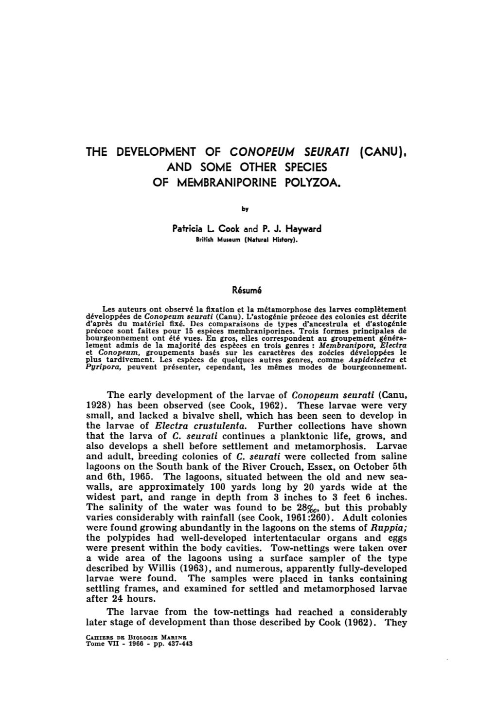 The Development of Conopeum Seurati (Canu), and Some Other Species of Membraniporine Polyzoa