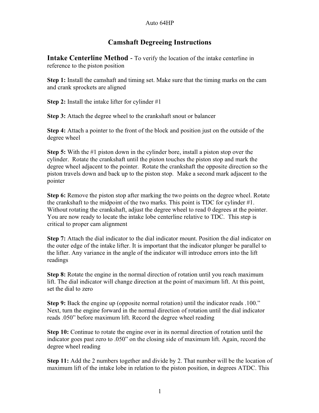 Camshaft Degreeing Instructions Intake Centerline Method