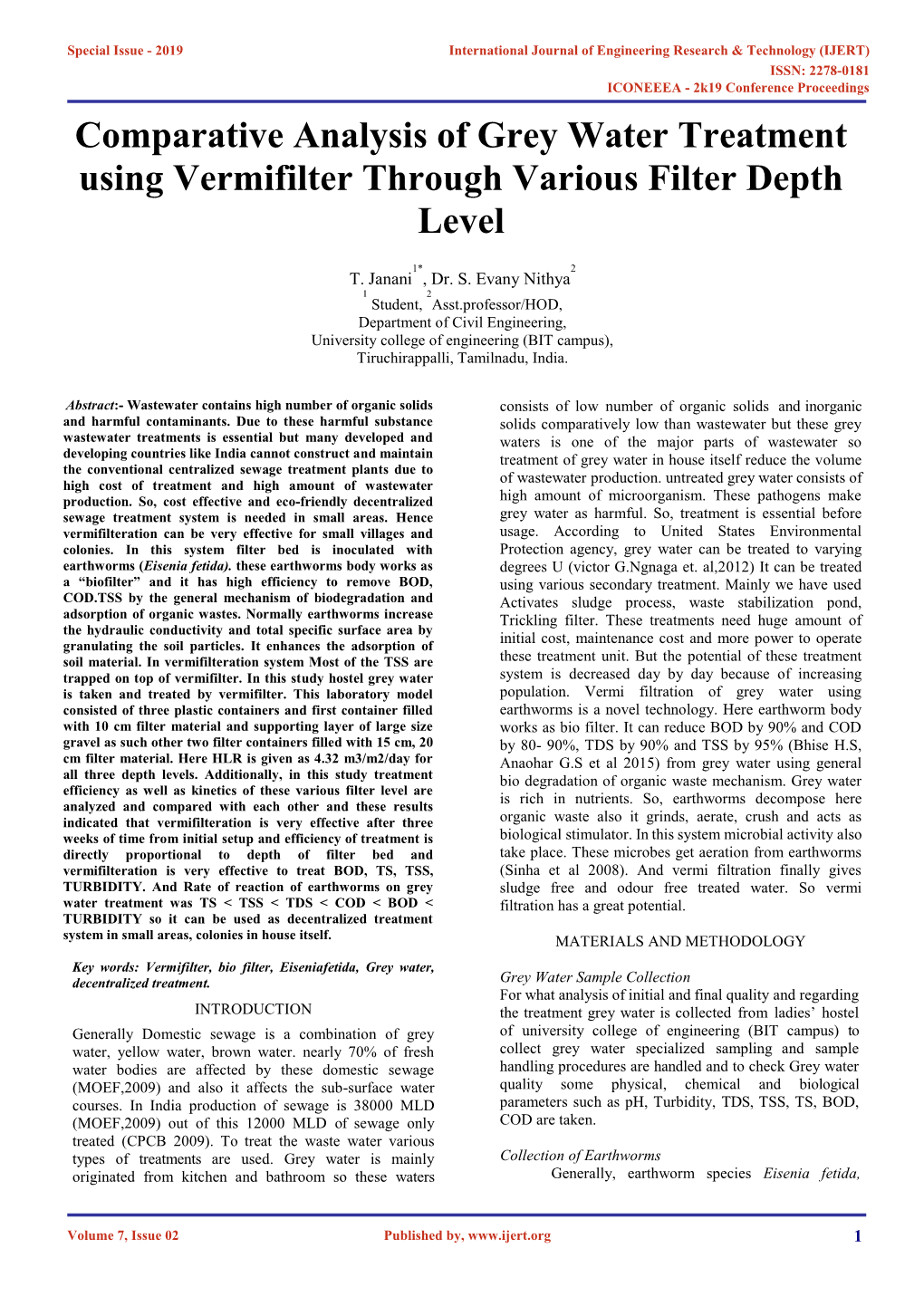 Comparative Analysis of Grey Water Treatment Using Vermifilter Through Various Filter Depth Level