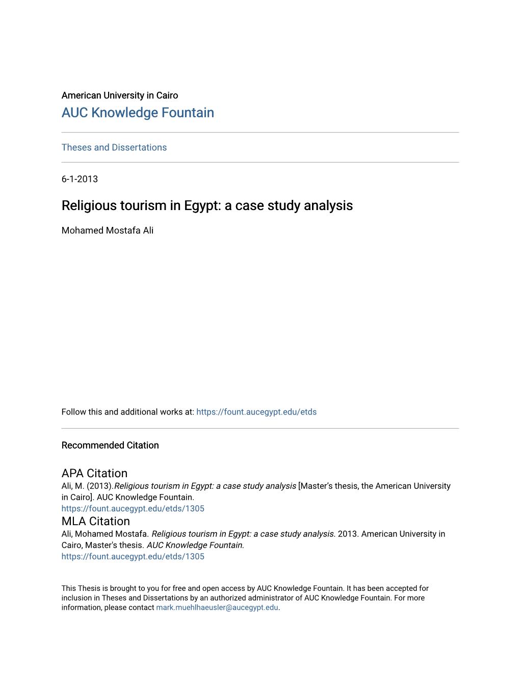 Religious Tourism in Egypt: a Case Study Analysis