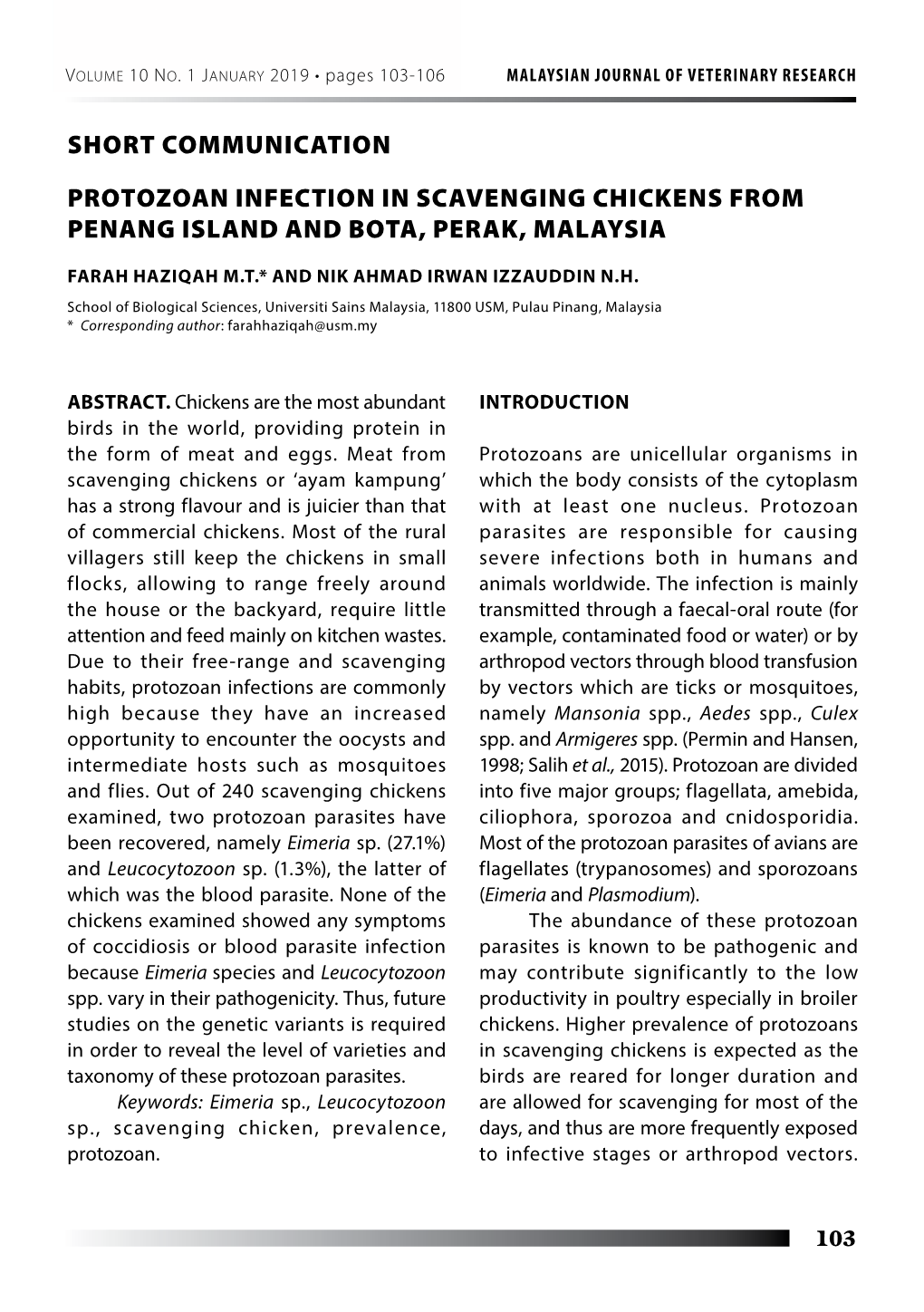 Malaysian Journal of Veterinary Research Volume 10 No. 1 (January 2019)