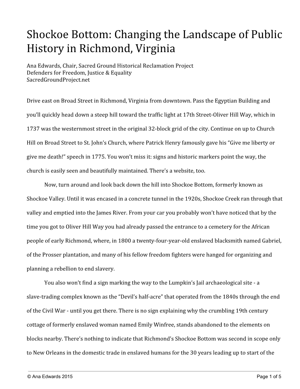 Shockoe Bottom: Changing the Landscape of Public History in Richmond, Virginia