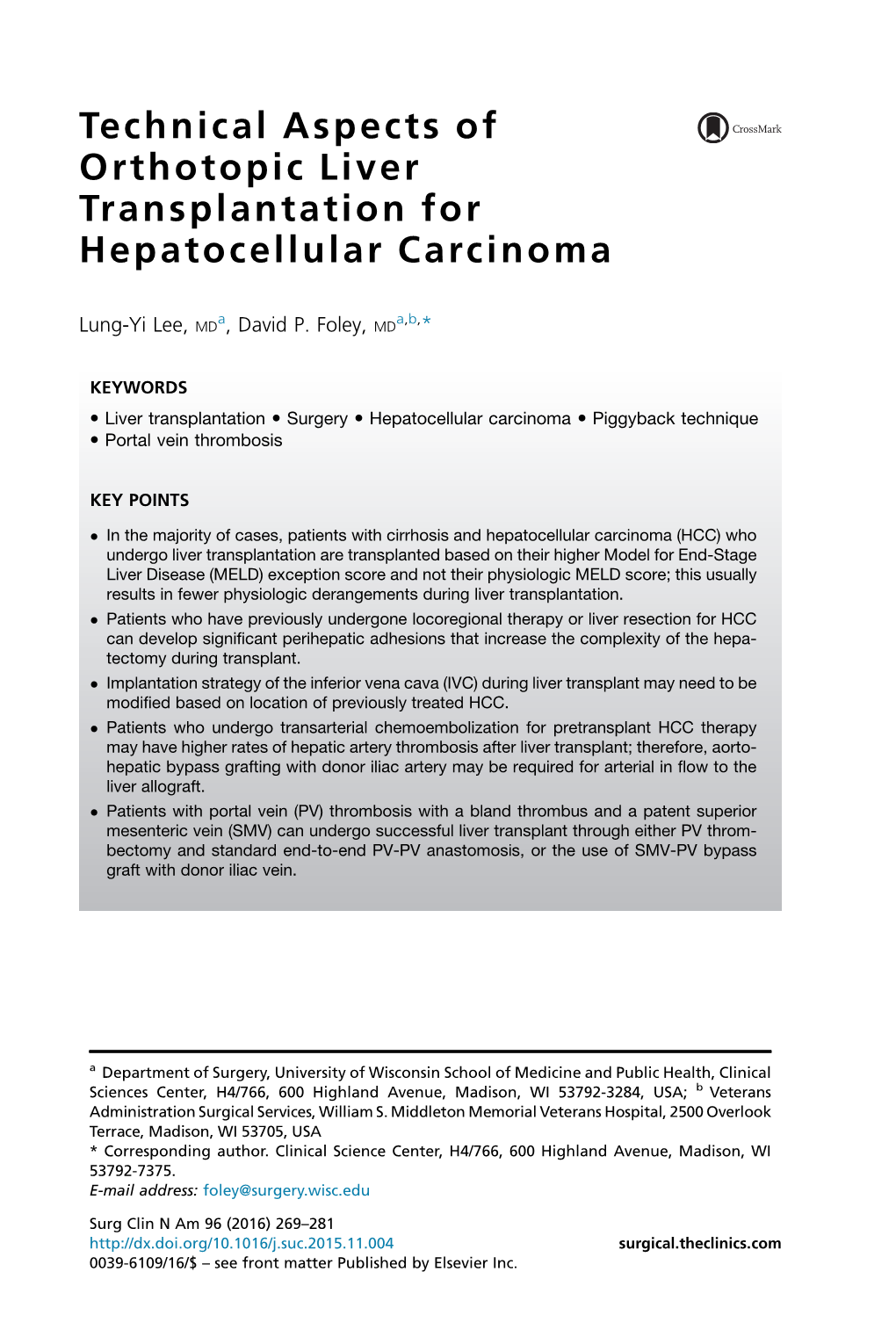 Technical Aspects of Orthotopic Liver Transplantation for Hepatocellular Carcinoma