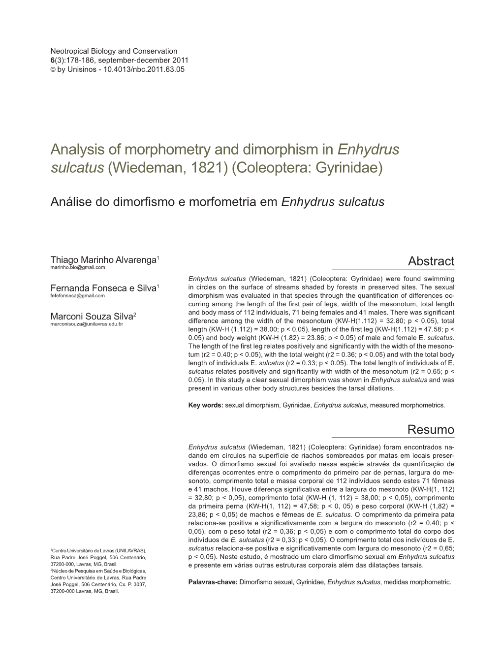 Analysis of Morphometry and Dimorphism in Enhydrus Sulcatus (Wiedeman, 1821) (Coleoptera: Gyrinidae)