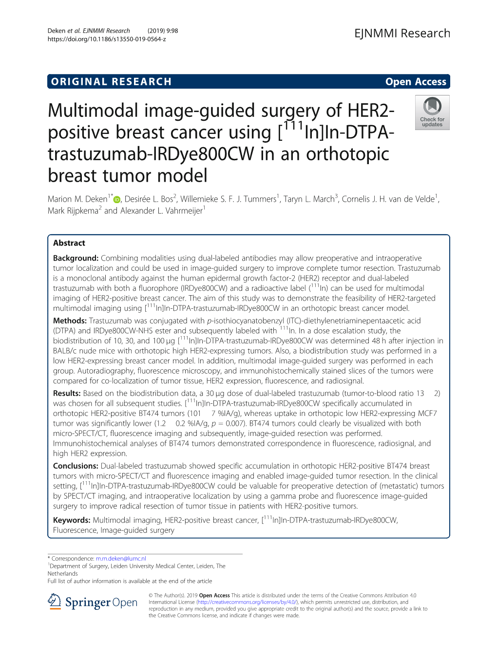Multimodal Image-Guided Surgery of HER2-Positive Breast Cancer Using [111In]In-DTPA-Trastuzumab-Irdye800cw in an Orthotopic Brea