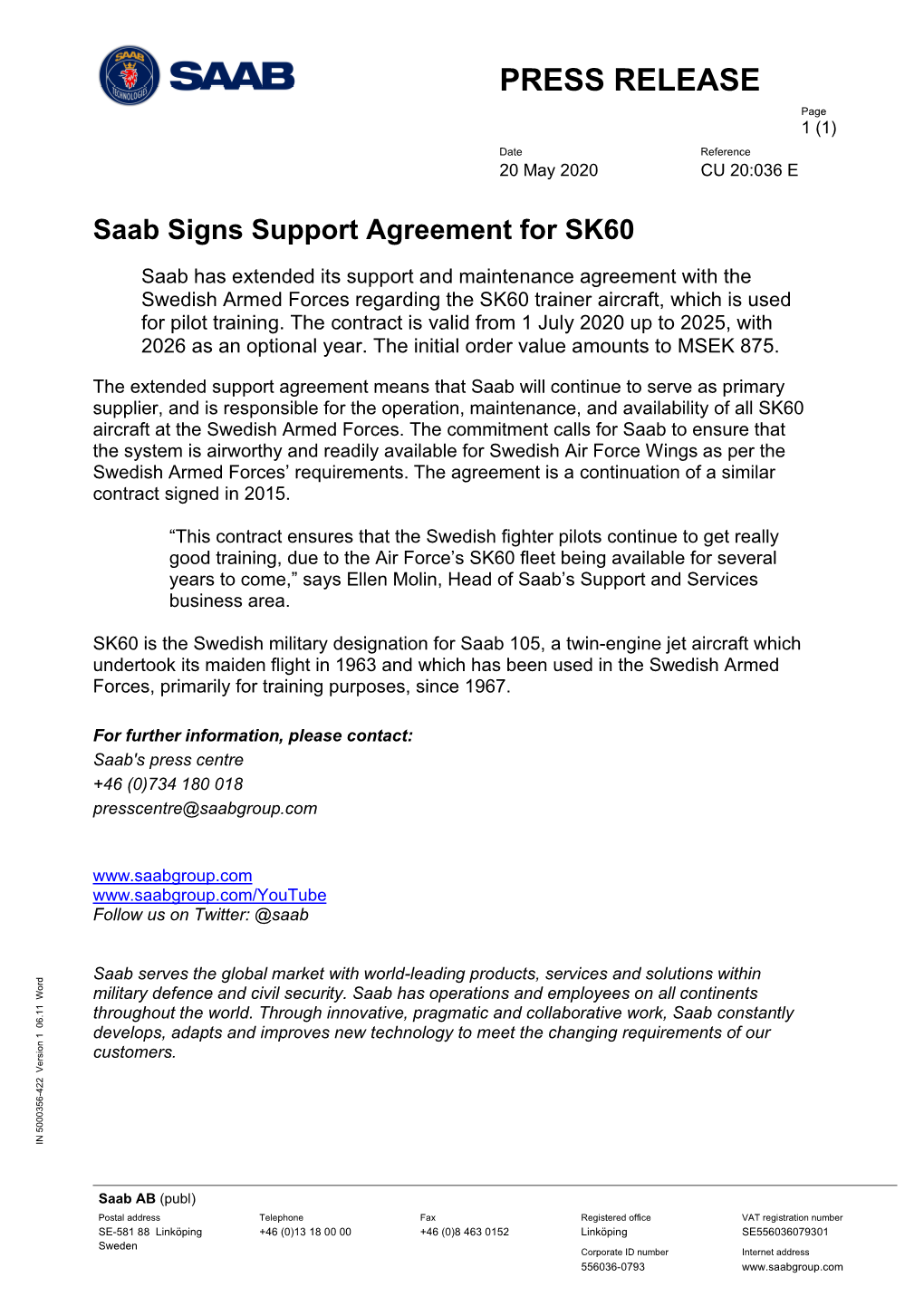 Saab Signs Support Agreement for SK60