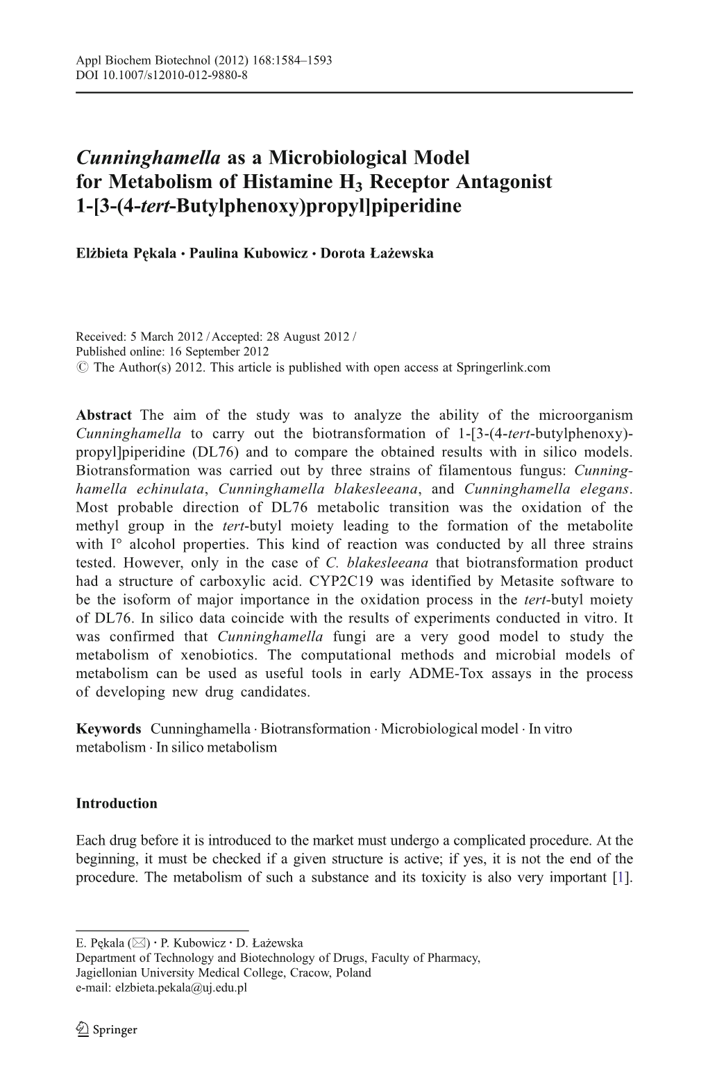 Cunninghamella As a Microbiological Model for Metabolism of Histamine H3 Receptor Antagonist 1-[3-(4-Tert-Butylphenoxy)Propyl]Piperidine