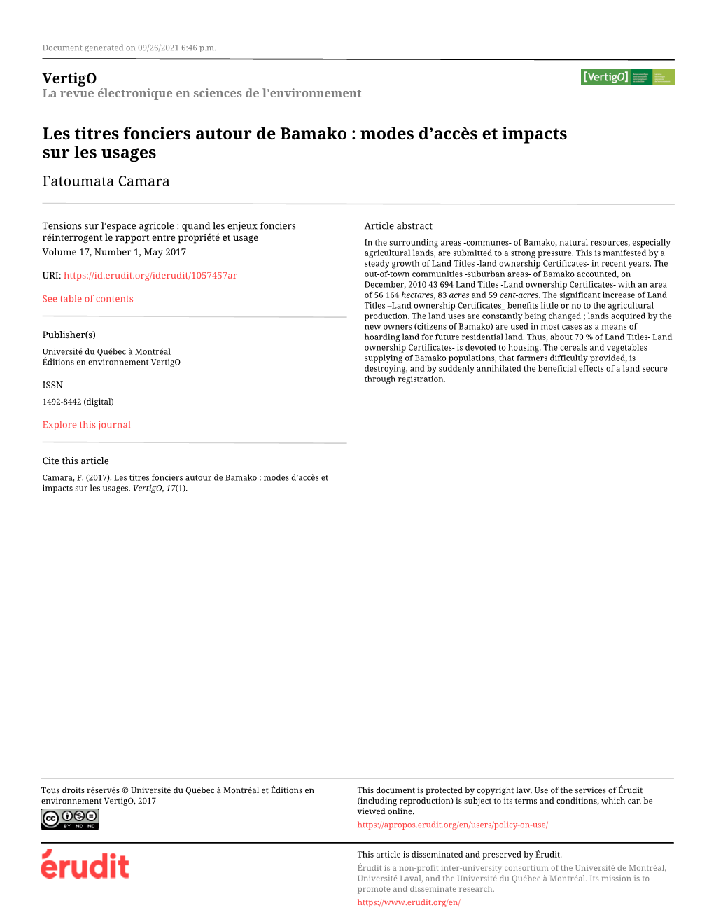 Les Titres Fonciers Autour De Bamako : Modes D’Accès Et Impacts Sur Les Usages Fatoumata Camara