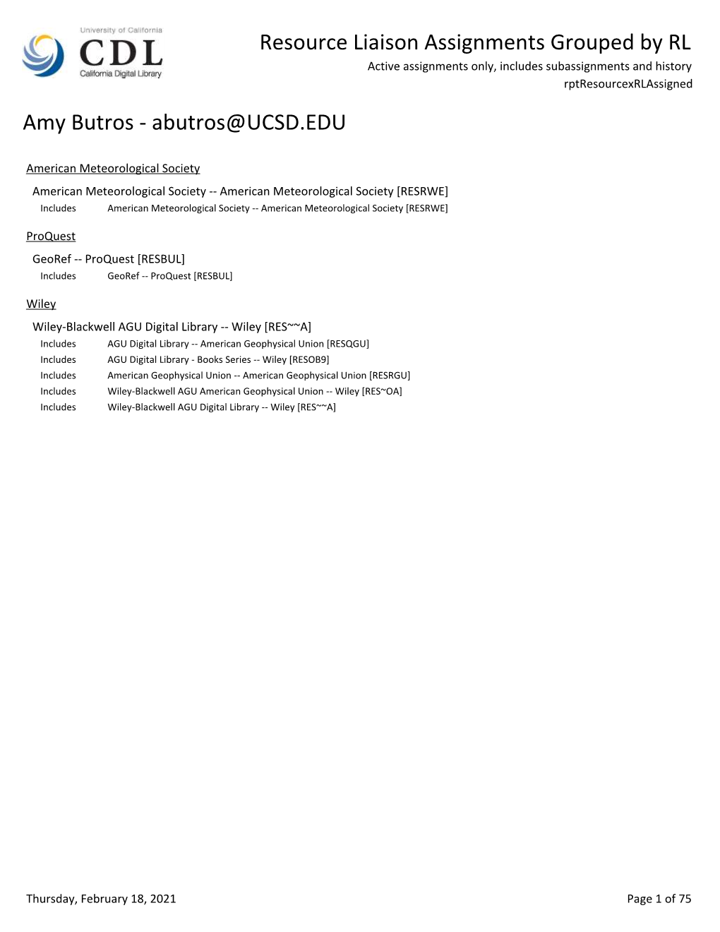 Resource Liaison Assignments Grouped by RL Active Assignments Only, Includes Subassignments and History Rptresourcexrlassigned Amy Butros - Abutros@UCSD.EDU