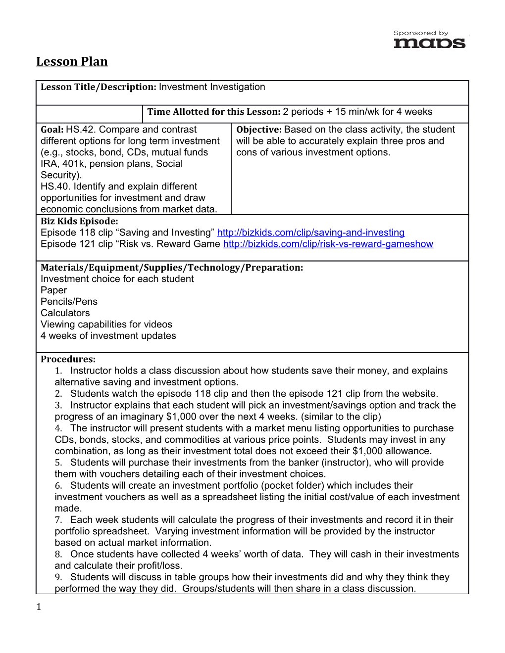 Lesson Plan Pre-Service Teacher: Date of Lesson