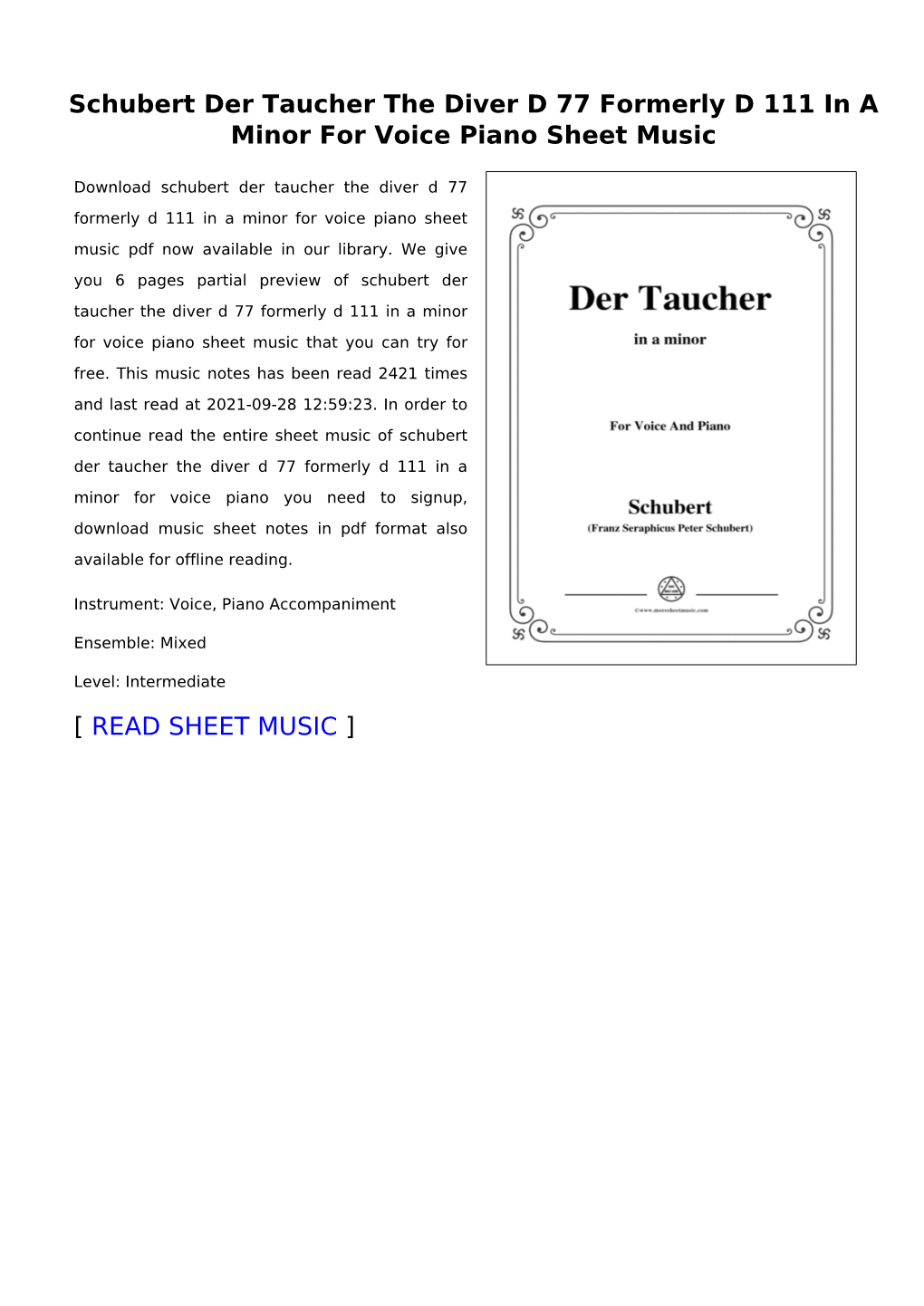 Schubert Der Taucher the Diver D 77 Formerly D 111 in a Minor for Voice Piano Sheet Music