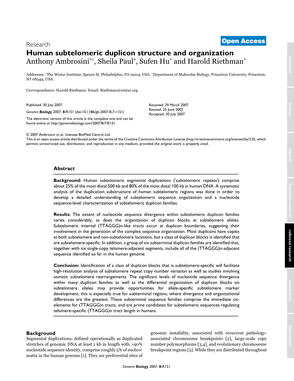 Human Subtelomeric Duplicon Structure and Organization Comment Anthony Ambrosini*†, Sheila Paul*, Sufen Hu* and Harold Riethman*