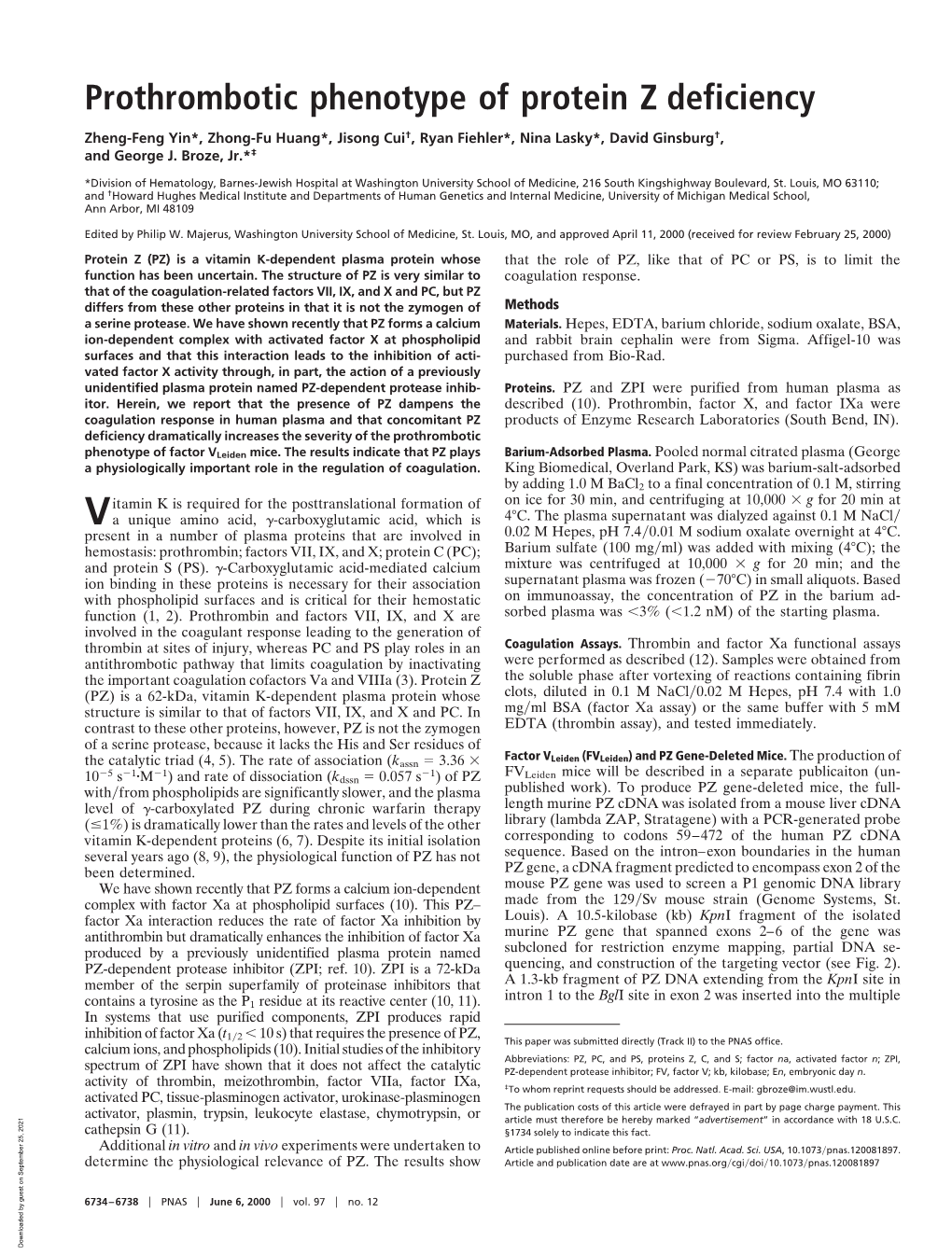 Prothrombotic Phenotype of Protein Z Deficiency