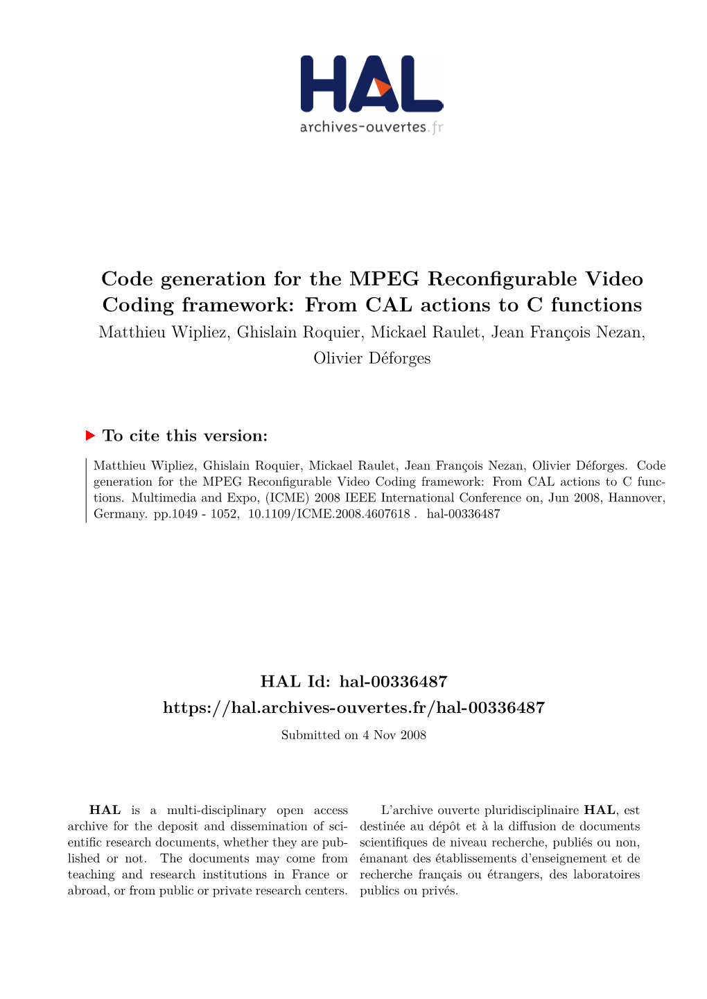 Code Generation for the MPEG Reconfigurable Video Coding