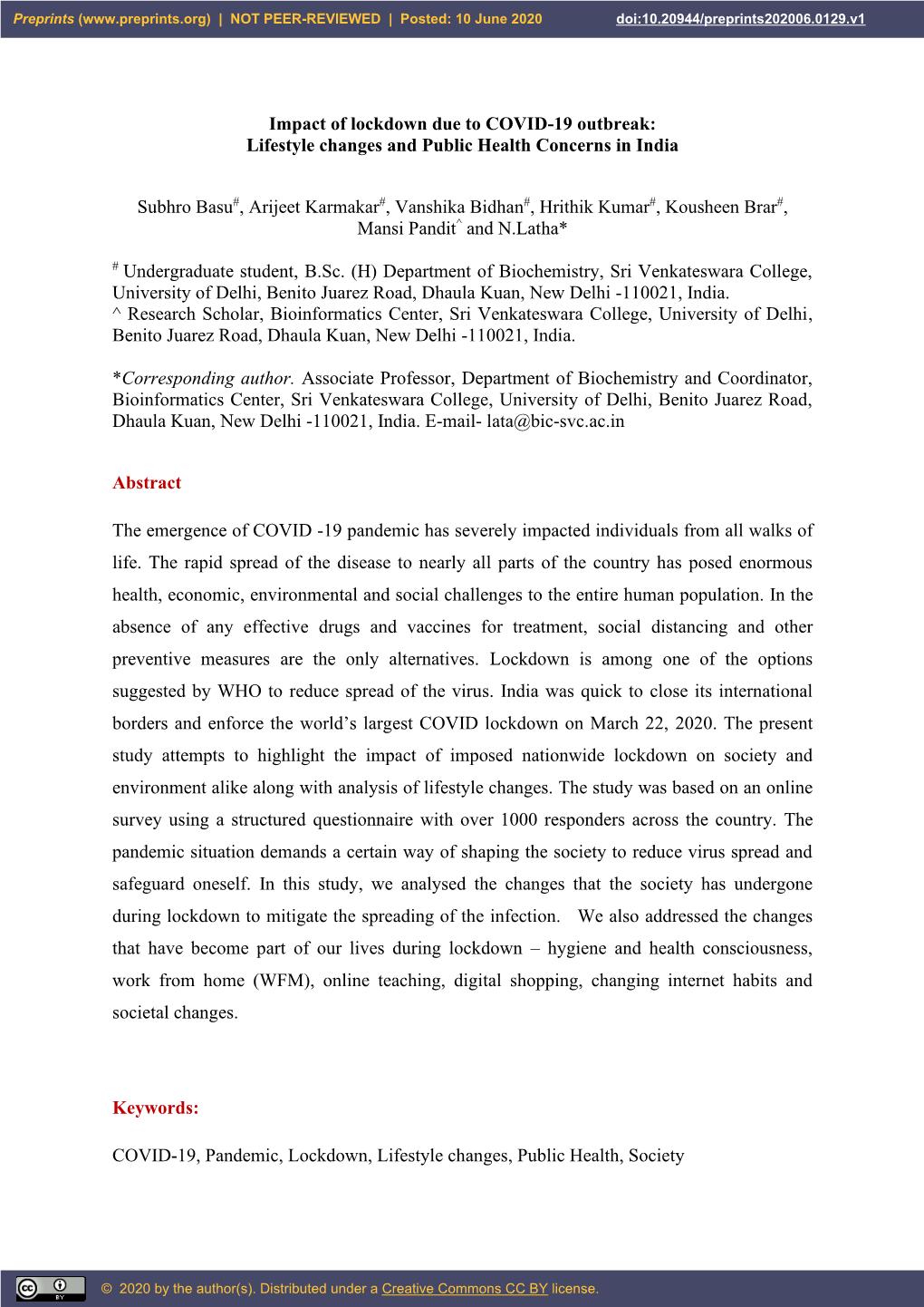 Impact of Lockdown Due to COVID-19 Outbreak: Lifestyle Changes and Public Health Concerns in India