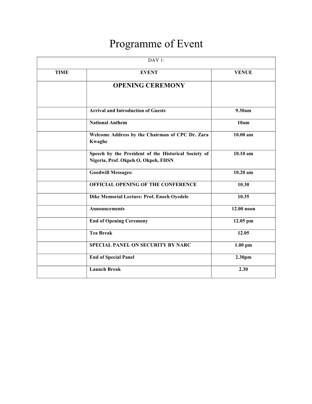 Programme of Event