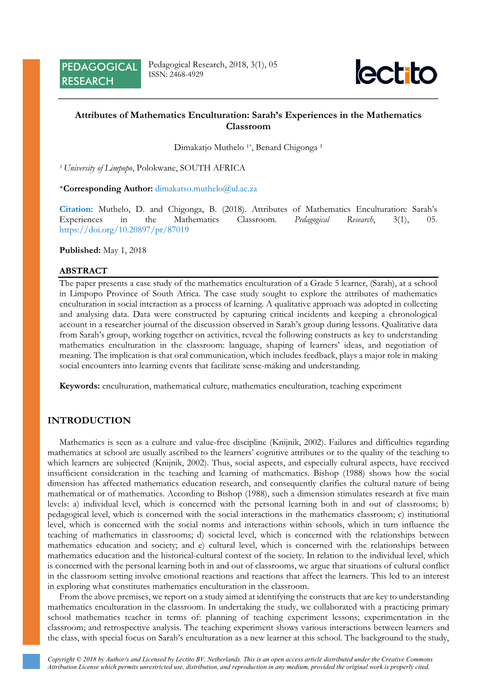 Attributes of Mathematics Enculturation: Sarah’S Experiences in the Mathematics Classroom