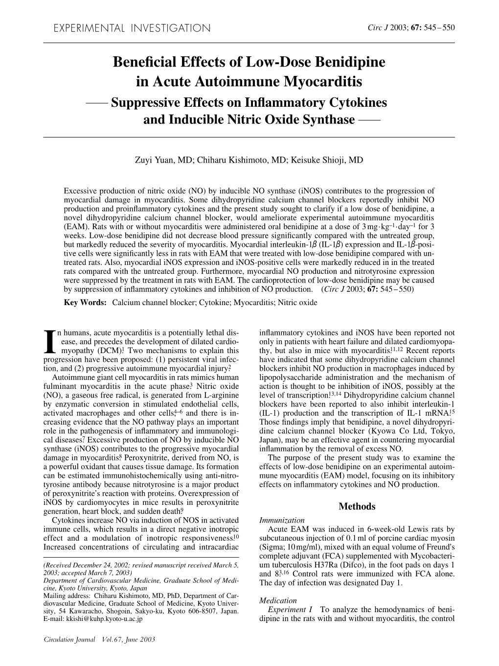 Beneficial Effects of Low-Dose Benidipine in Acute Autoimmune