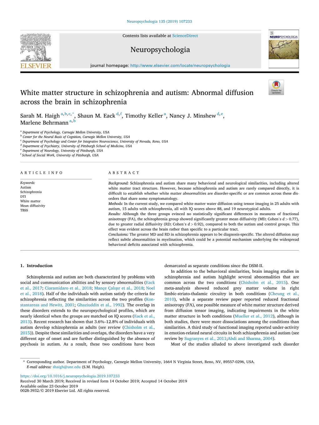 Abnormal Diffusion Across the Brain in Schizophrenia