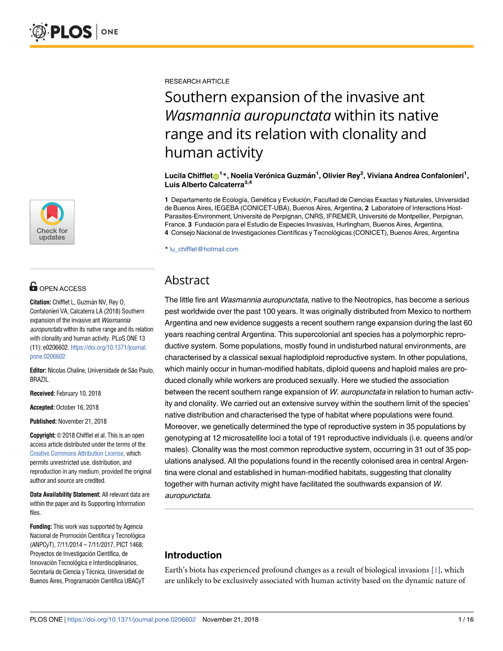 Southern Expansion of the Invasive Ant Wasmannia Auropunctata Within Its Native Range and Its Relation with Clonality and Human Activity