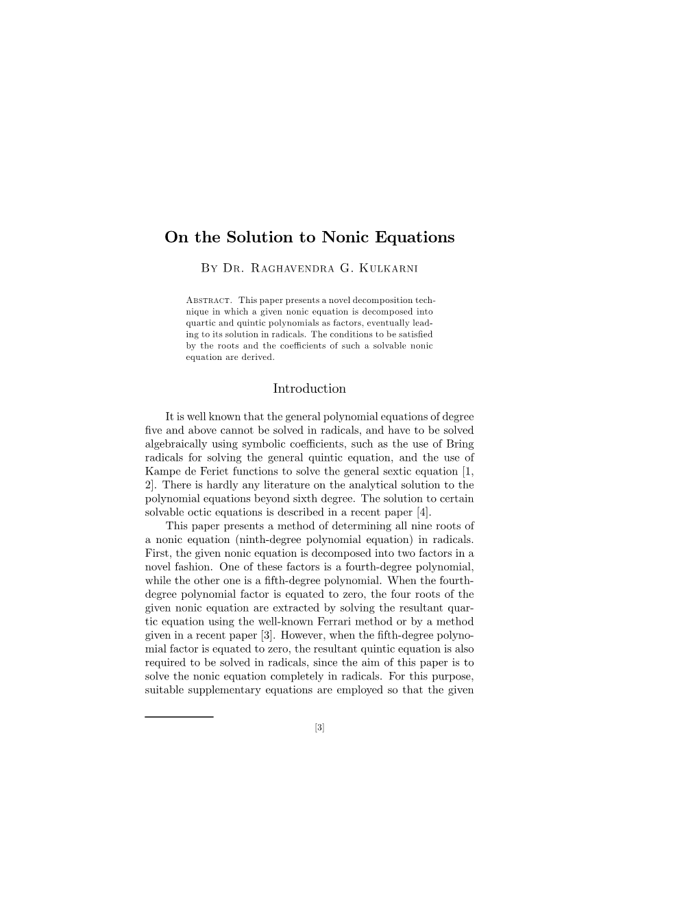 On the Solution to Nonic Equations