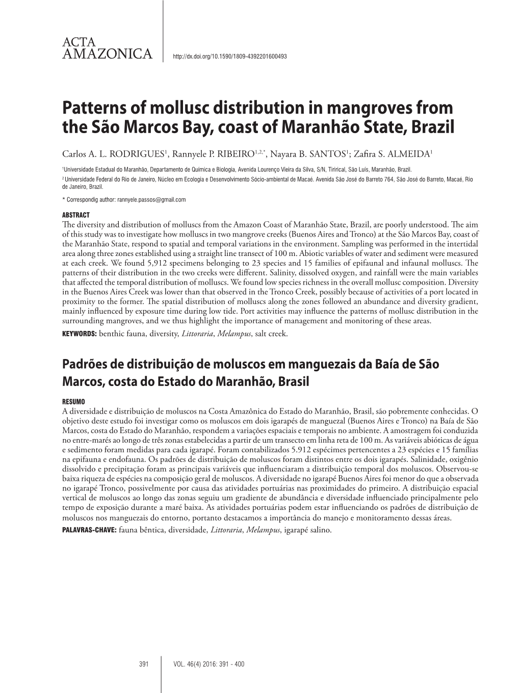 Patterns of Mollusc Distribution in Mangroves from the São Marcos Bay, Coast of Maranhão State, Brazil