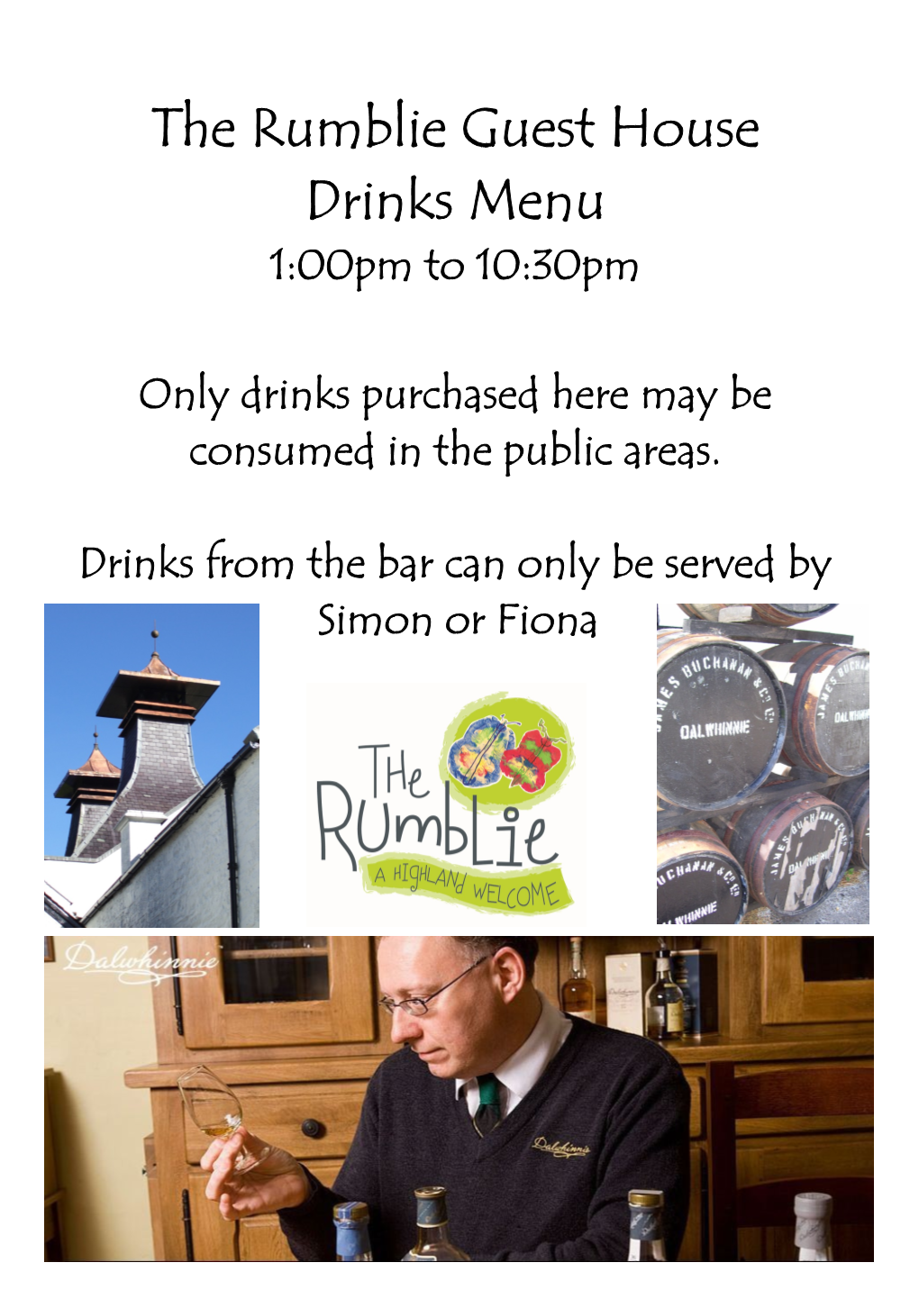 The Rumblie Guest House Drinks Menu 1:00Pm to 10:30Pm