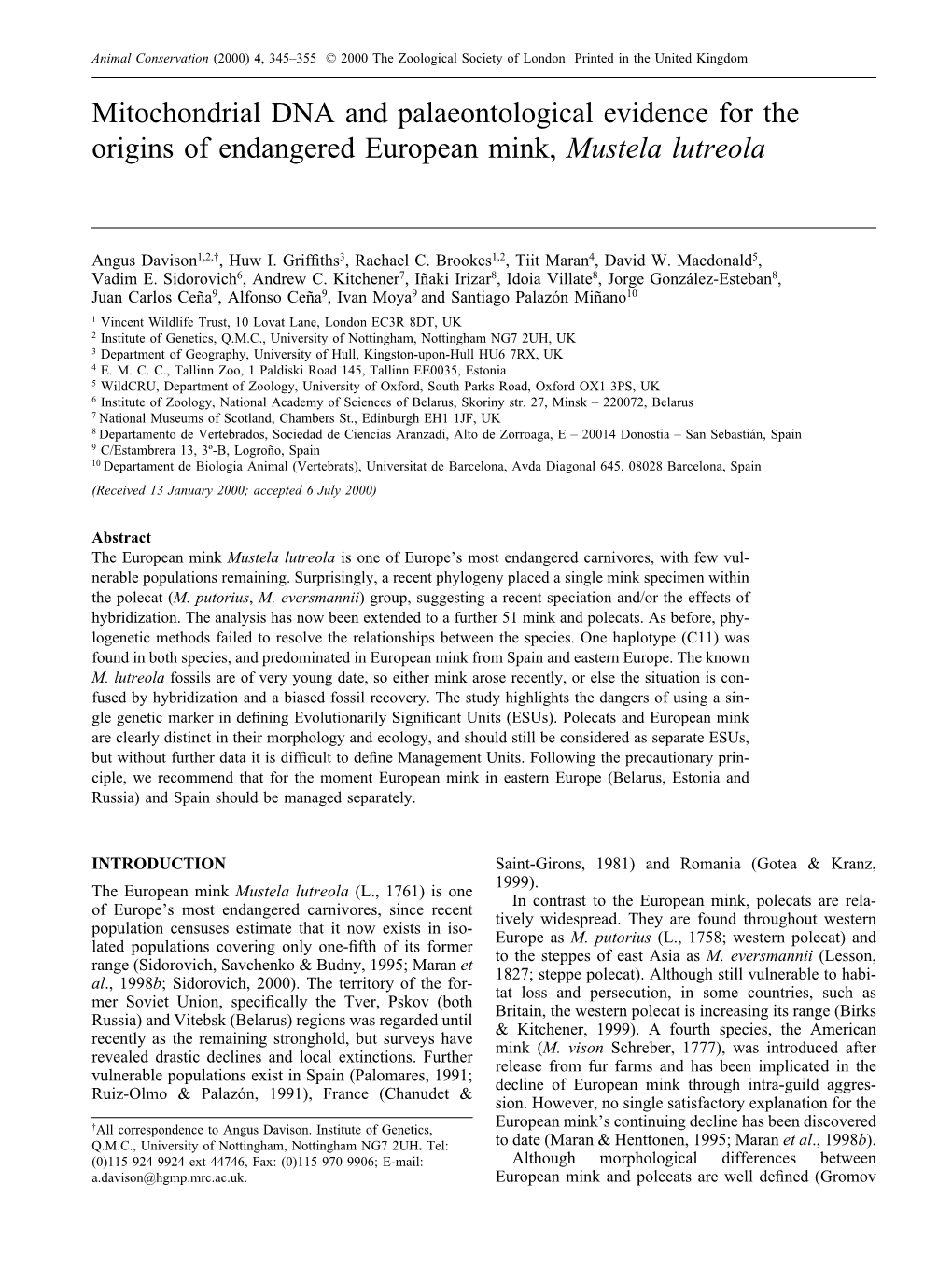 Mitochondrial DNA and Palaeontological Evidence for the Origins of Endangered European Mink, Mustela Lutreola