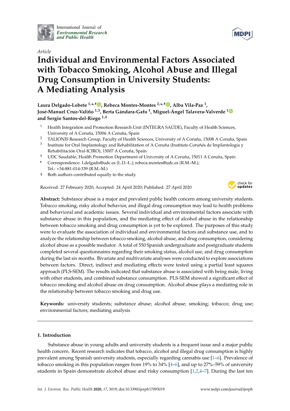 Individual and Environmental Factors Associated with Tobacco Smoking, Alcohol Abuse and Illegal Drug Consumption in University Students: a Mediating Analysis