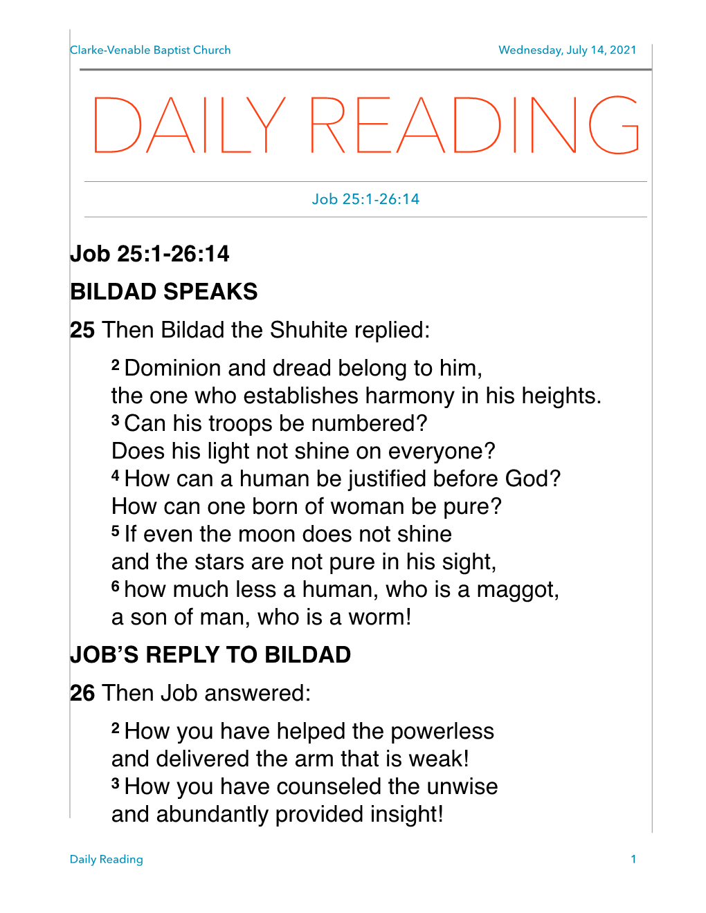 July 14, 2021 DAILY READING Job 25:1-26:14