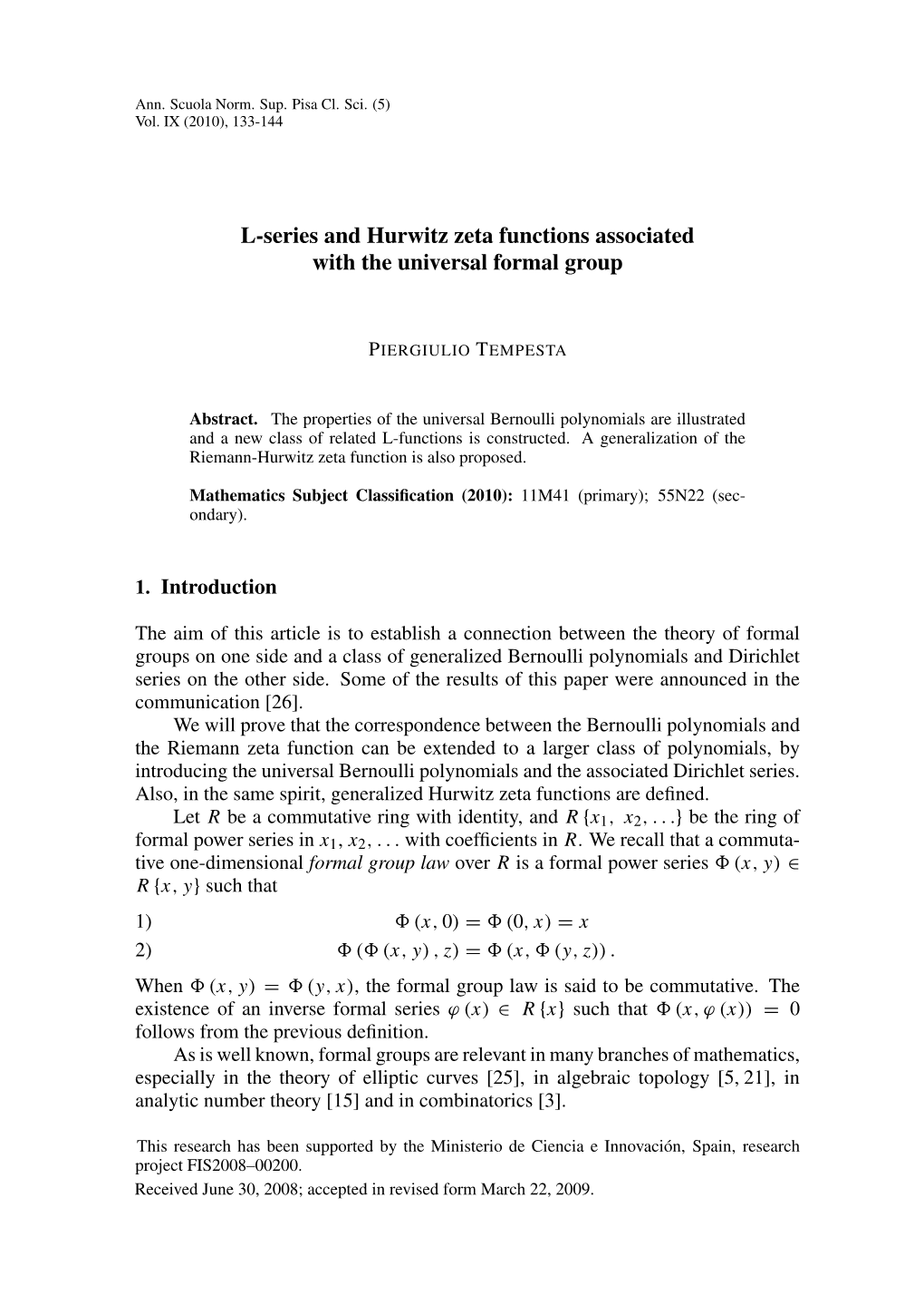 L-Series and Hurwitz Zeta Functions Associated with the Universal Formal Group