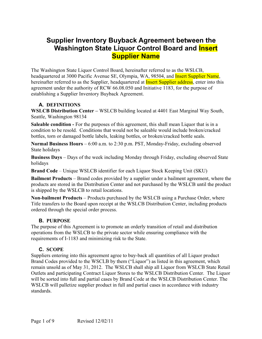 Supplier Inventory Buyback Agreement Between the Washington State Liquor Control Board