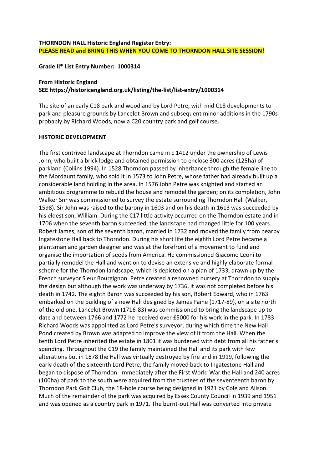 THORNDON HALL Historic England Register Entry: PLEASE READ and BRING THIS WHEN YOU COME to THORNDON HALL SITE SESSION!