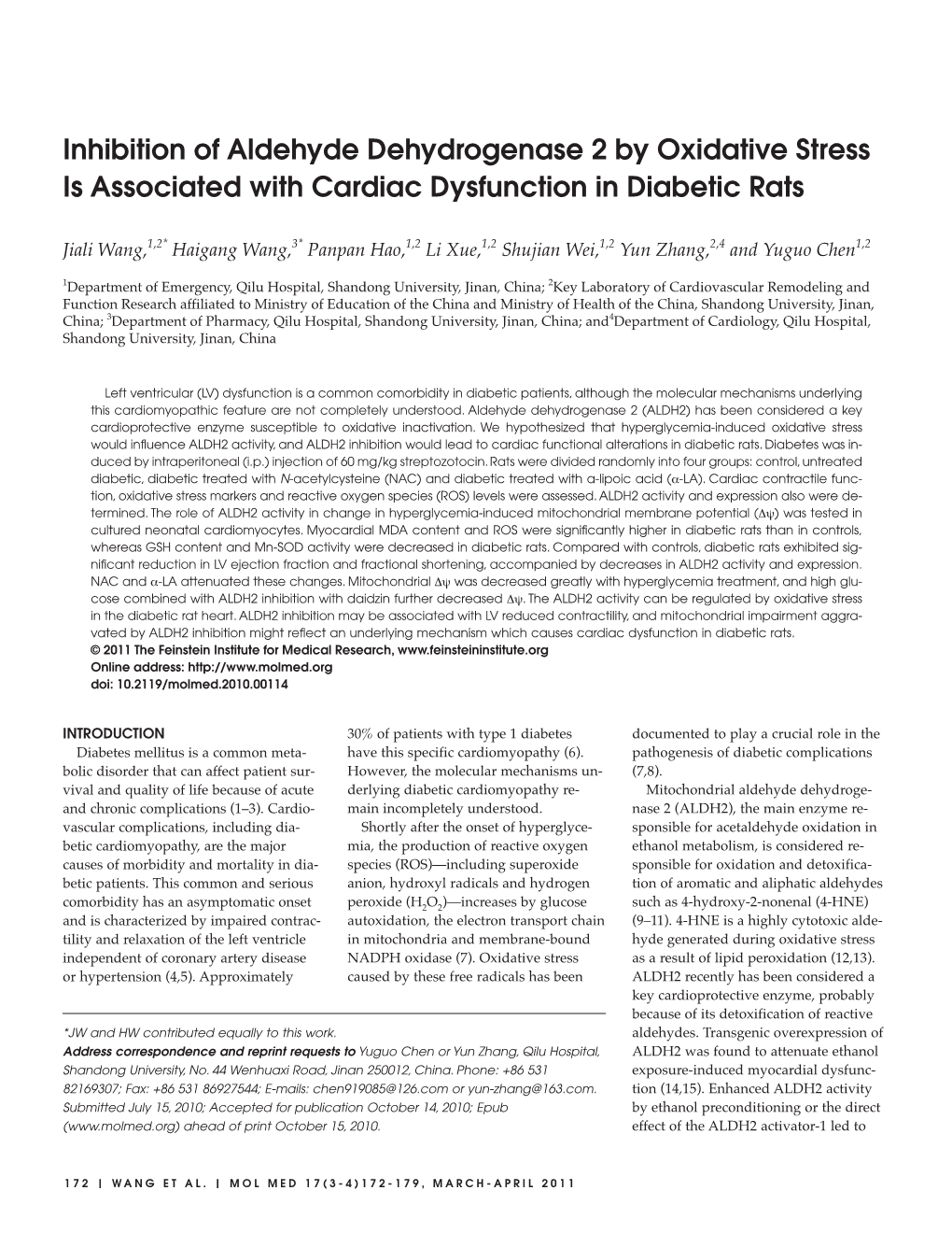 Inhibition of Aldehyde Dehydrogenase 2 by Oxidative Stress Is Associated with Cardiac Dysfunction in Diabetic Rats