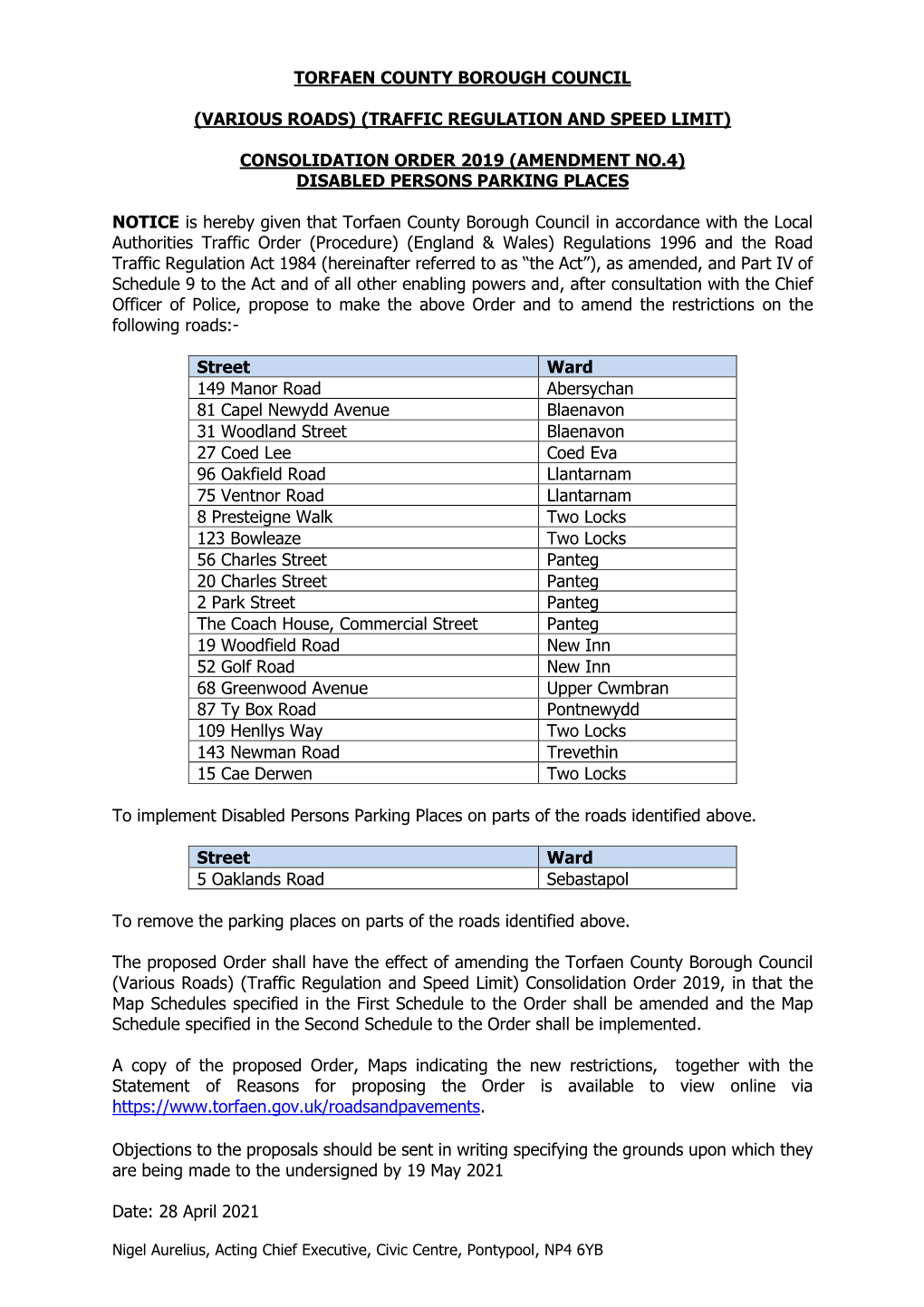 (Amendment No.4) Disabled Persons Parking Places