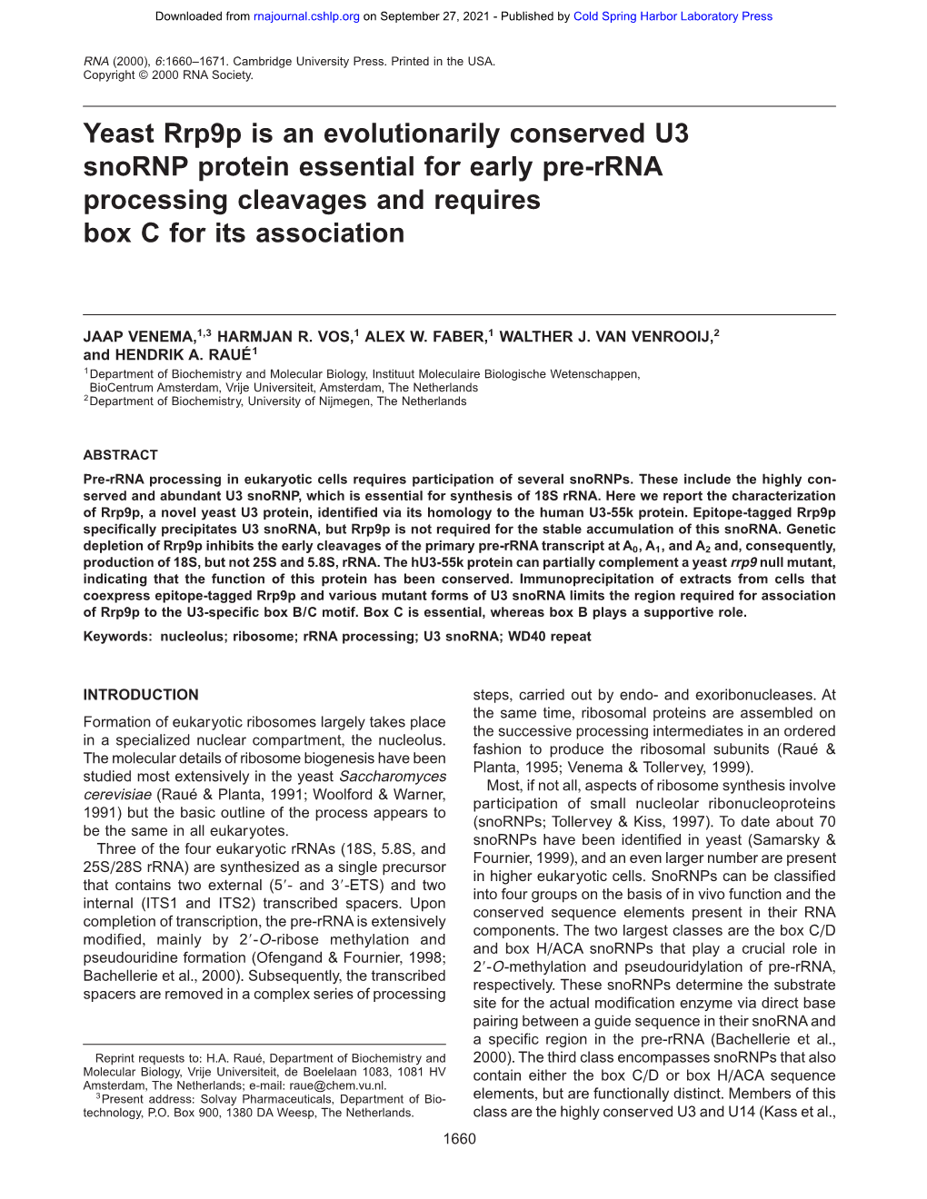 Yeast Rrp9p Is an Evolutionarily Conserved U3 Snornp Protein Essential for Early Pre-Rrna Processing Cleavages and Requires Box C for Its Association