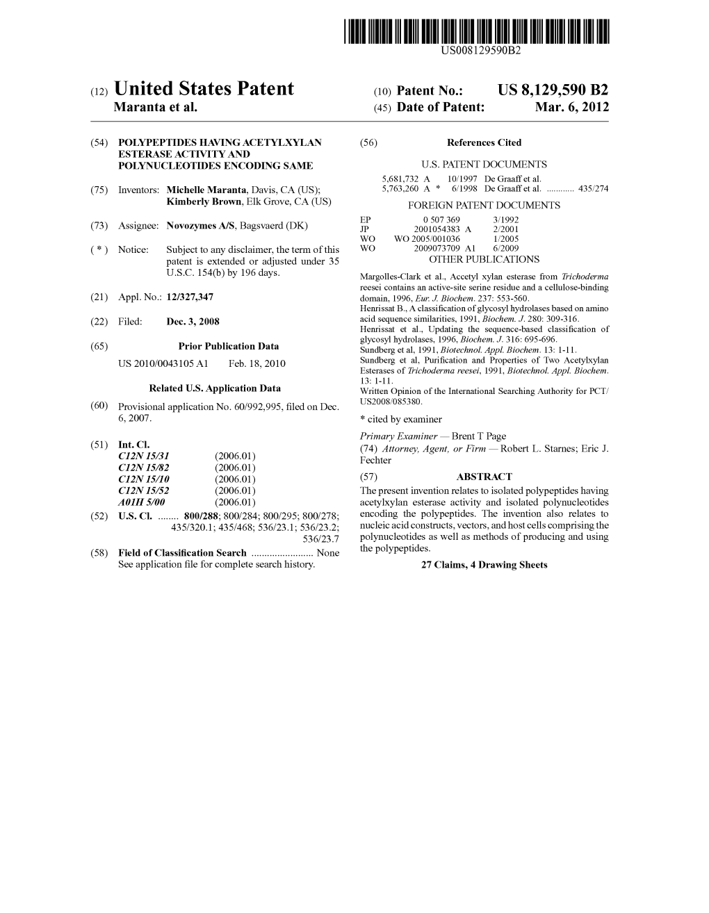 (12) United States Patent (10) Patent No.: US 8,129,590 B2 Maranta Et Al