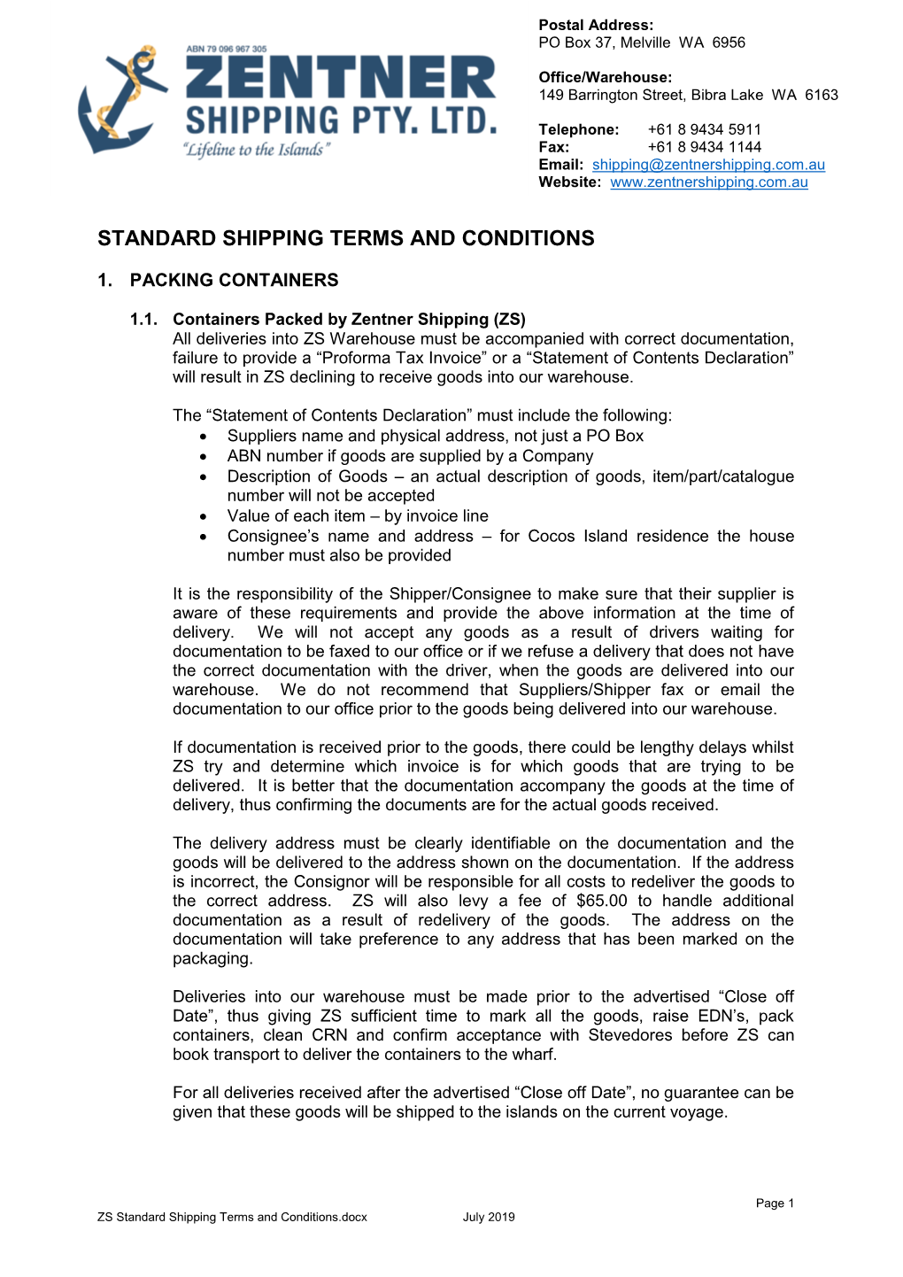 Standard Shipping Terms and Conditions