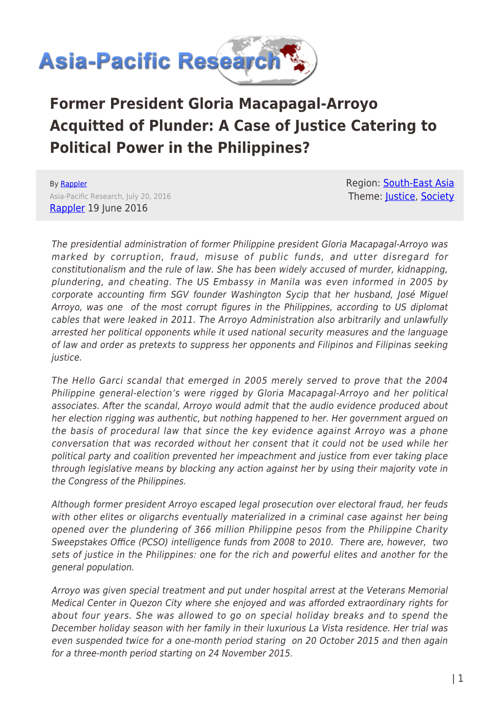 Former President Gloria Macapagal-Arroyo Acquitted of Plunder: a Case of Justice Catering to Political Power in the Philippines?