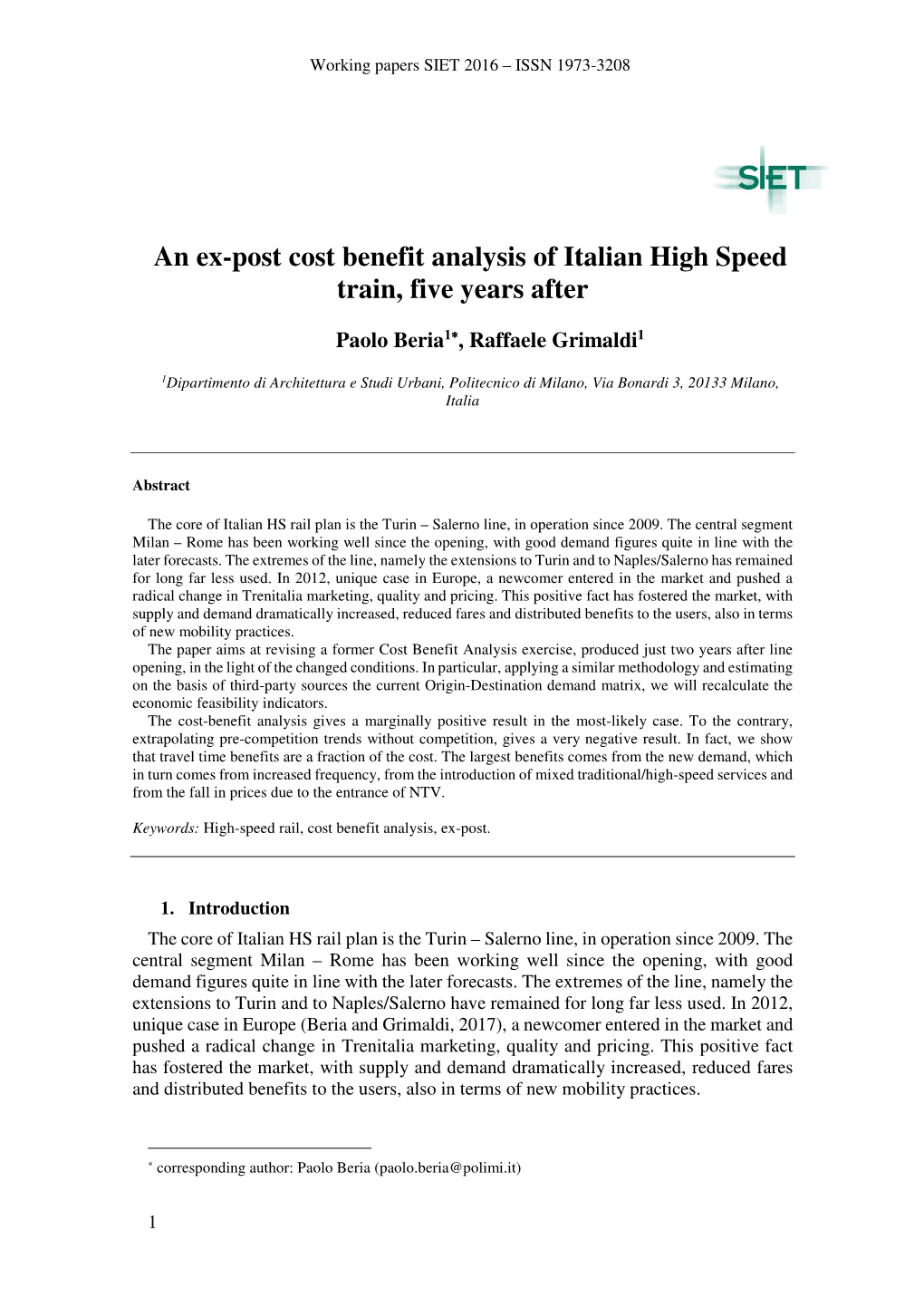 An Ex-Post Cost Benefit Analysis of Italian High Speed Train, Five Years After