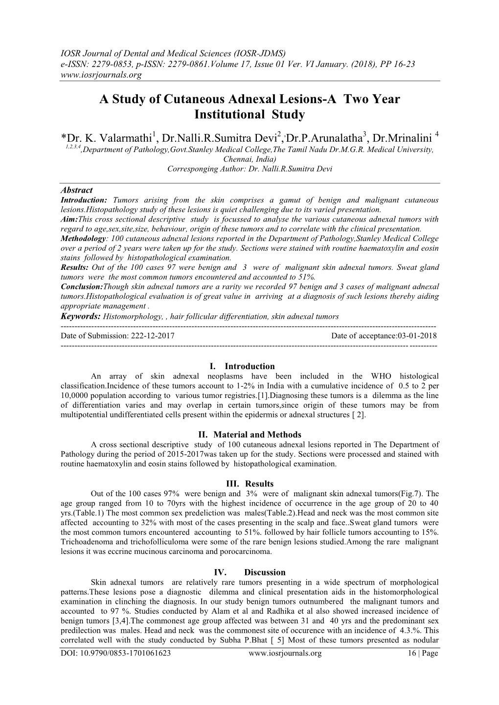 A Study of Cutaneous Adnexal Lesions-A Two Year Institutional Study