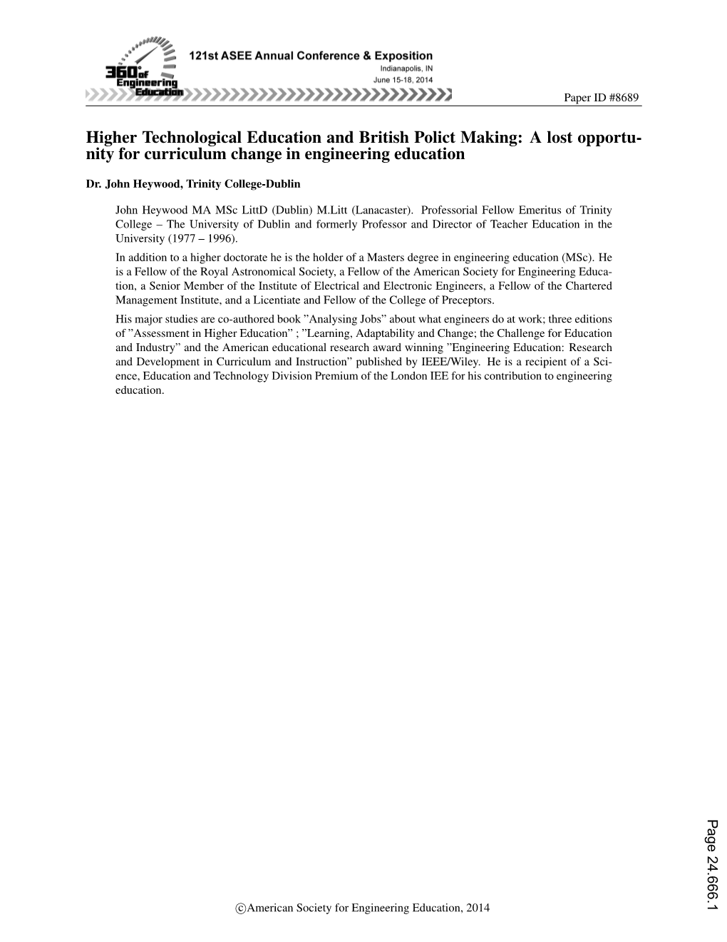 Higher Technological Education and British Policy Making: a Lost Opportunity for Curriculum Change in Engineering Education?